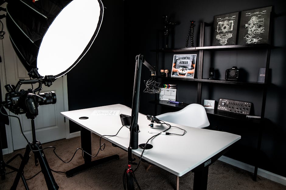A stylish indoor vlogging studio equipped with professional lighting and camera setup.